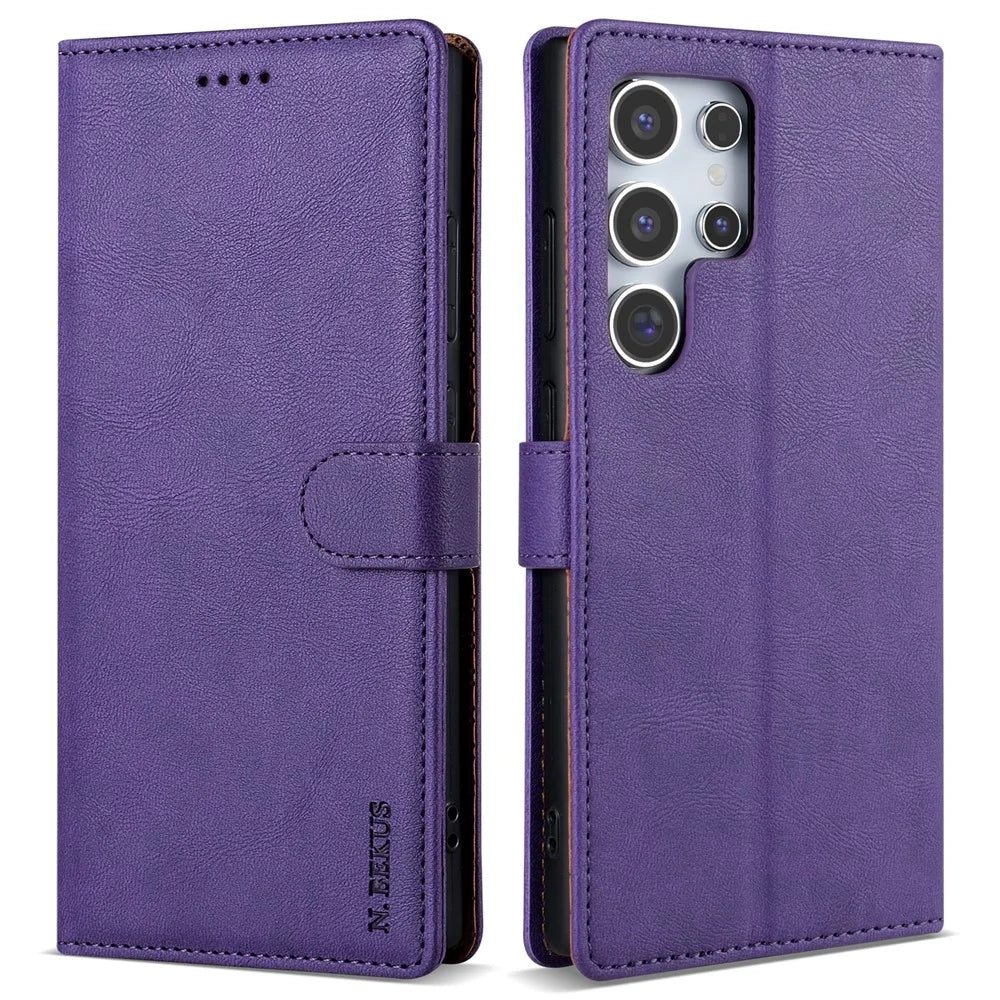 N.BEKUS CSJ-001 For Samsung Galaxy S23 Ultra Phone Case Solid Color Leather Wallet Cover - Purple - 1