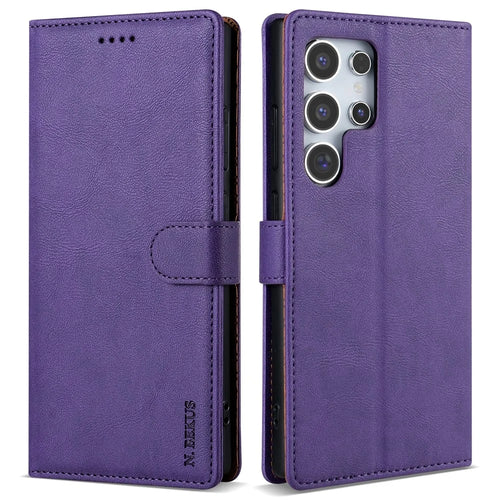 N.BEKUS CSJ-001 For Samsung Galaxy S23 Ultra Phone Case Solid Color Leather Wallet Cover - Purple - 1