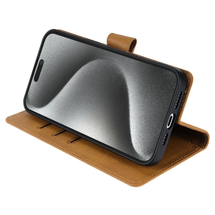 N.BEKUS CSJ-001 For iPhone 15 Pro Case Solid Color PU Leather Folio Phone Cover with Wallet - Brown - 3