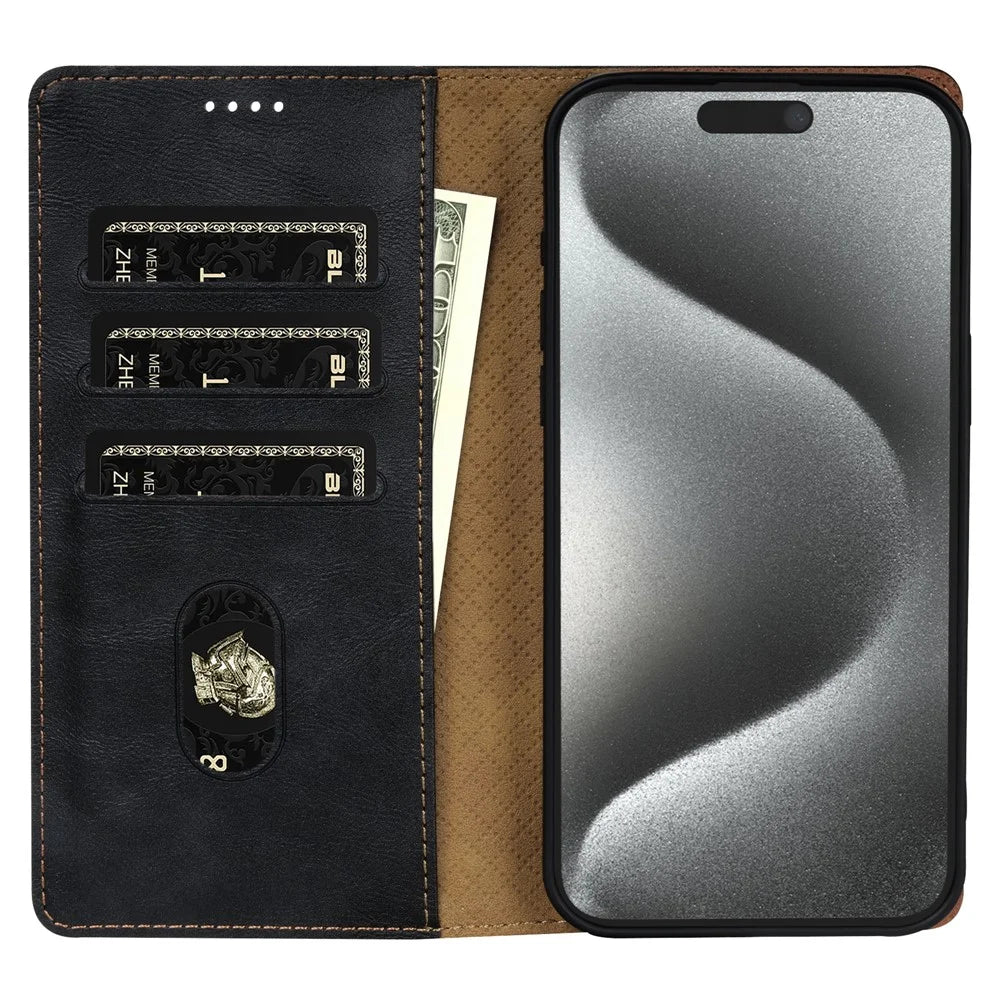 N.BEKUS CSJ-001 For iPhone 15 Pro Max Case PU Leather Wallet Flip Folio Phone Cover - Black - 2