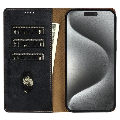 N.BEKUS CSJ-001 For iPhone 15 Pro Max Case PU Leather Wallet Flip Folio Phone Cover - Black - 2