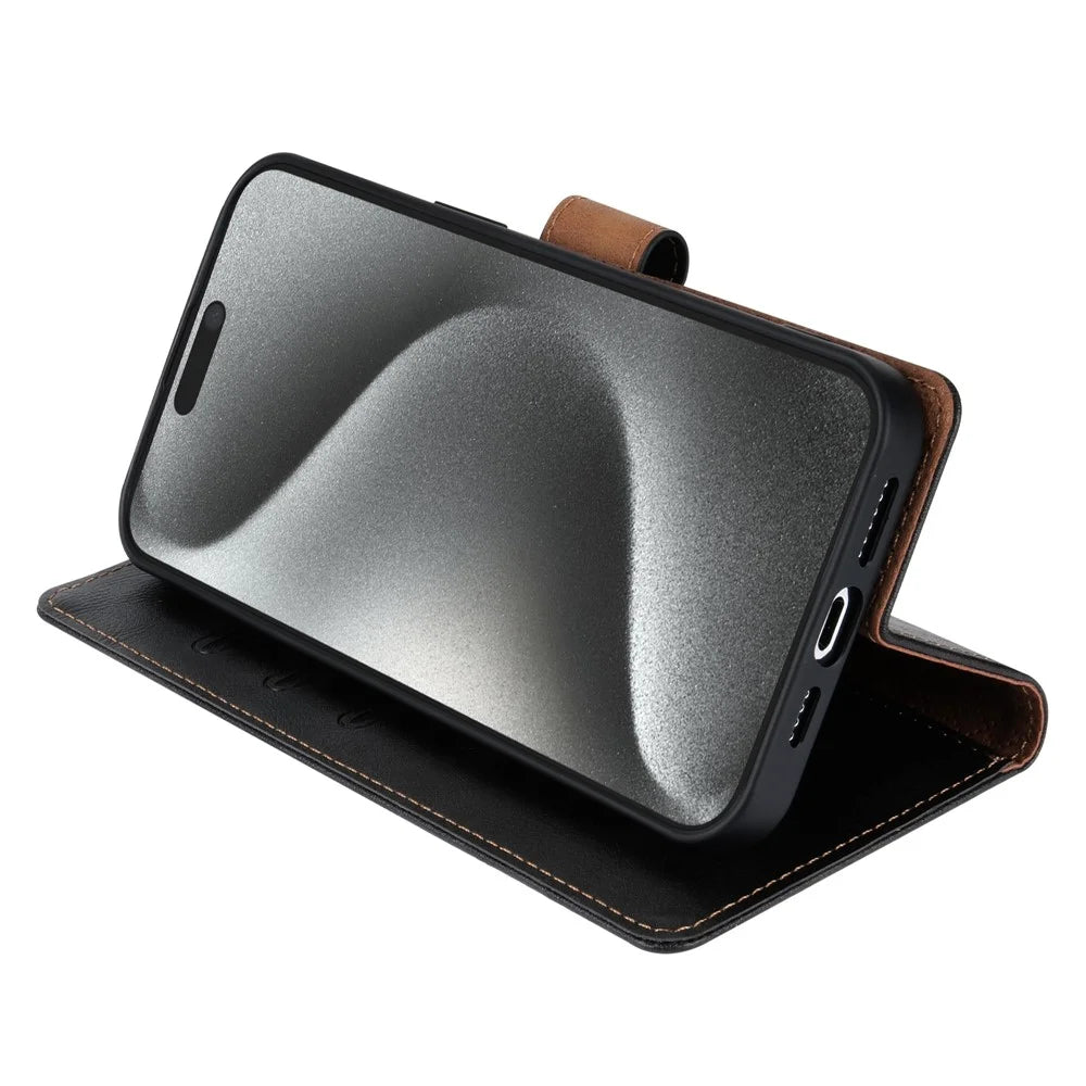 N.BEKUS CSJ-001 For iPhone 15 Pro Max Case PU Leather Wallet Flip Folio Phone Cover - Black - 3