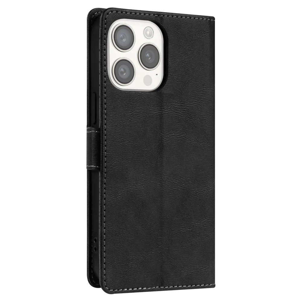 N.BEKUS CSJ-001 For iPhone 15 Pro Max Case PU Leather Wallet Flip Folio Phone Cover - Black - 6