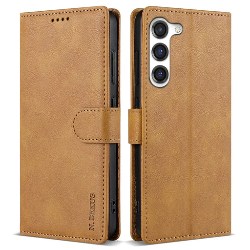 N.BEKUS CSJ-001 For Samsung Galaxy S23 Case Solid Color Leather Stand View Cover - Brown - 1