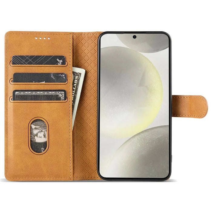 N.BEKUS CSJ-001 For Samsung Galaxy S23 Case Solid Color Leather Stand View Cover - Brown - 2