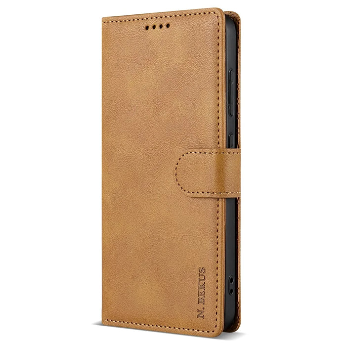 N.BEKUS CSJ-001 For Samsung Galaxy S23 Case Solid Color Leather Stand View Cover - Brown - 5
