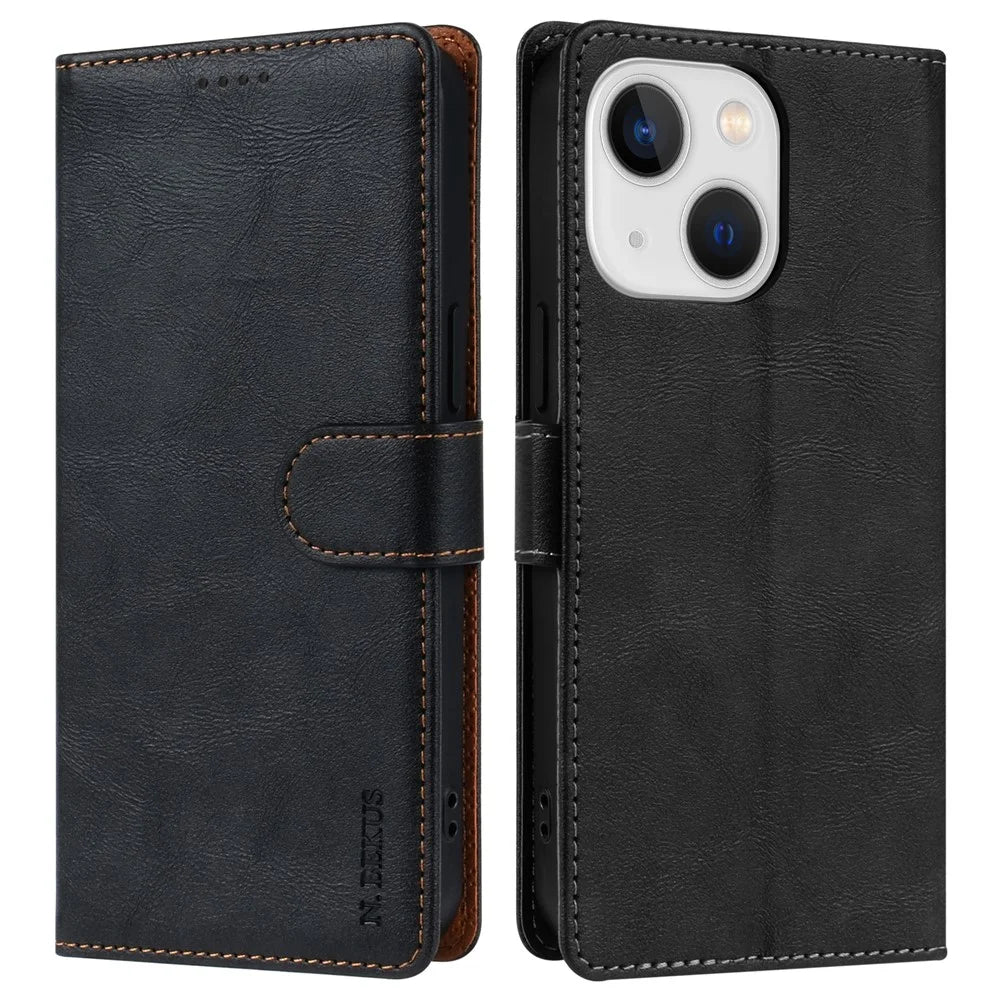 N.BEKUS CSJ-001 For iPhone 14 Phone Wallet Case PU Leather Folding Stand Cover - Black - 1