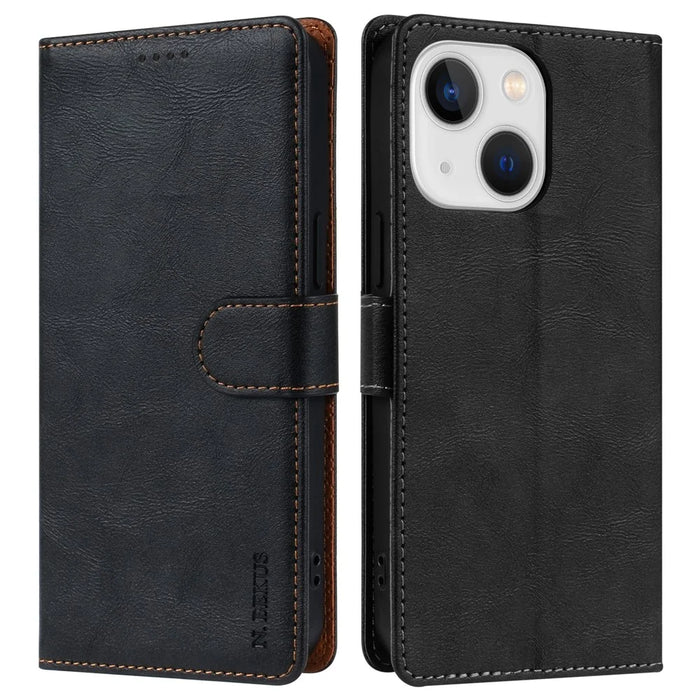 N.BEKUS CSJ-001 For iPhone 14 Phone Wallet Case PU Leather Folding Stand Cover - Black - 1