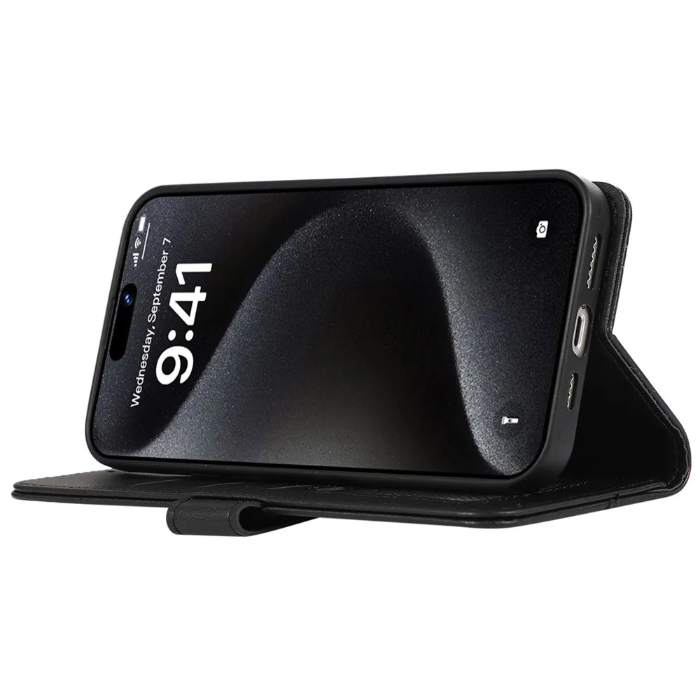 For iPhone 16 Case RFID Blocking Card Slots Leather Stand Phone Cover - Black - 3