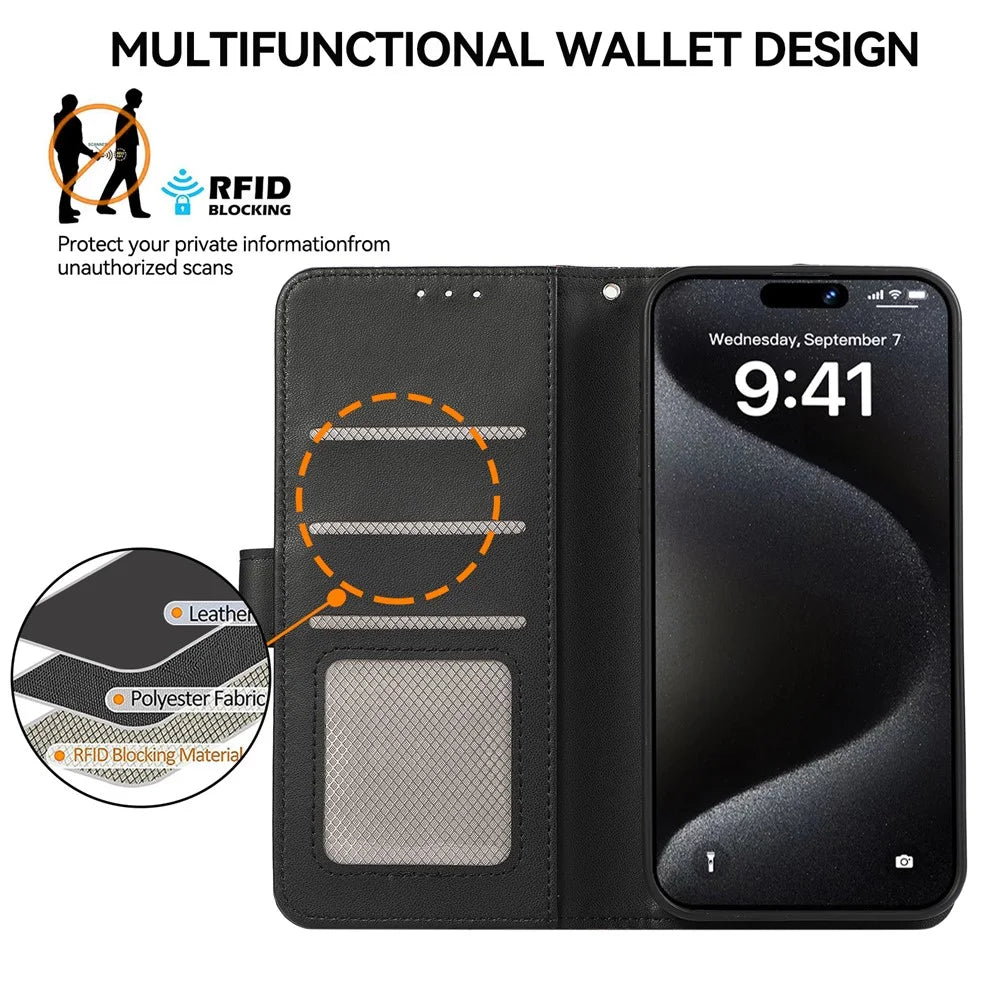 For iPhone 16 Case RFID Blocking Card Slots Leather Stand Phone Cover - Black - 5