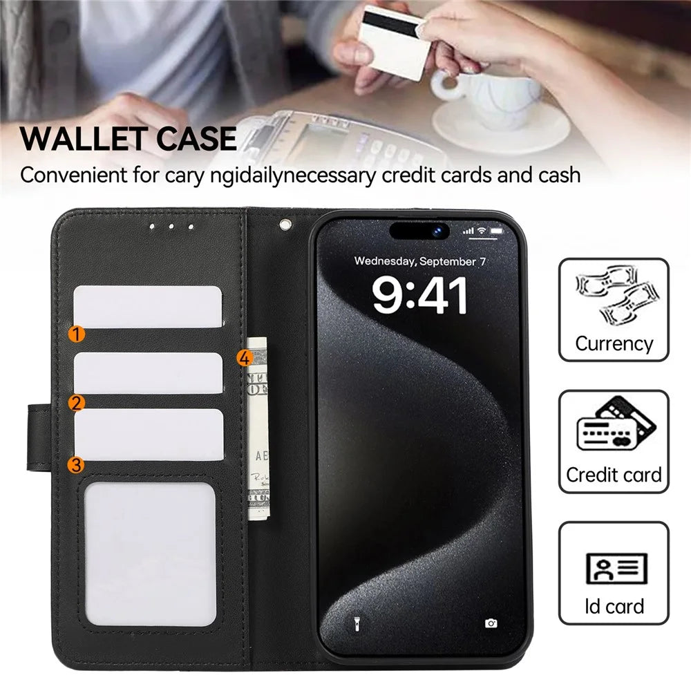 For iPhone 16 Case RFID Blocking Card Slots Leather Stand Phone Cover - Black - 6