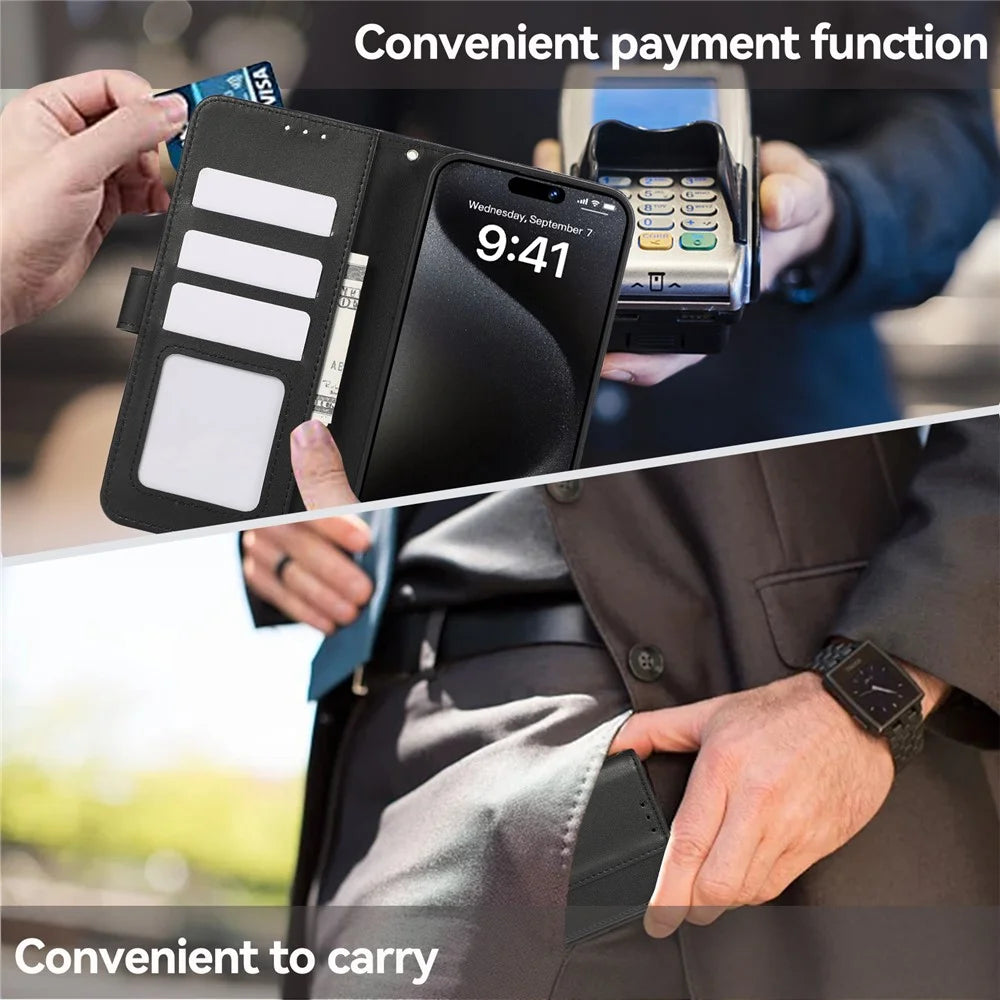 For iPhone 16 Case RFID Blocking Card Slots Leather Stand Phone Cover - Black - 7