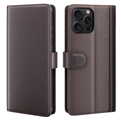 For iPhone 16 Pro Max Case Genuine Split Leather Phone Cover with Wallet Stand - Brown - 1