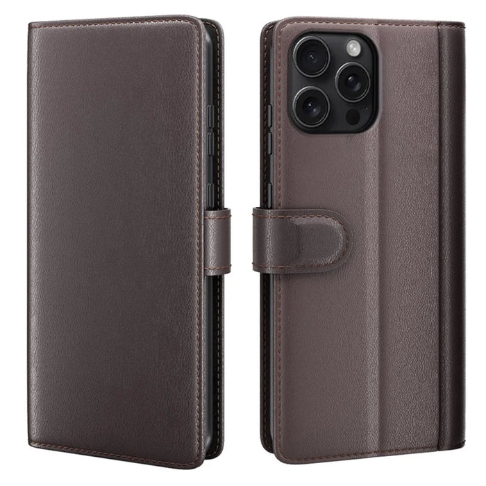 For iPhone 16 Pro Max Case Genuine Split Leather Phone Cover with Wallet Stand - Brown - 1