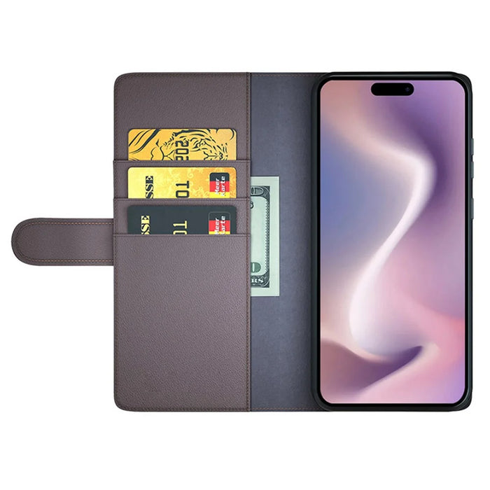 For iPhone 16 Pro Max Case Genuine Split Leather Phone Cover with Wallet Stand - Brown - 2