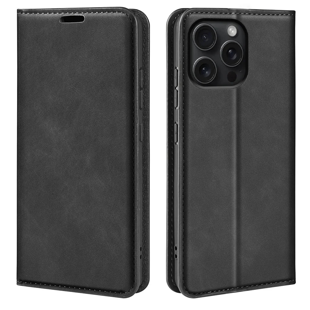 For iPhone 16 Pro Max Case Skin-Feel PU Leather Phone Cover Folding Stand Magnetic Absorption - Black - 1
