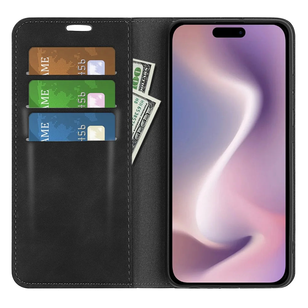 For iPhone 16 Pro Max Case Skin-Feel PU Leather Phone Cover Folding Stand Magnetic Absorption - Black - 2