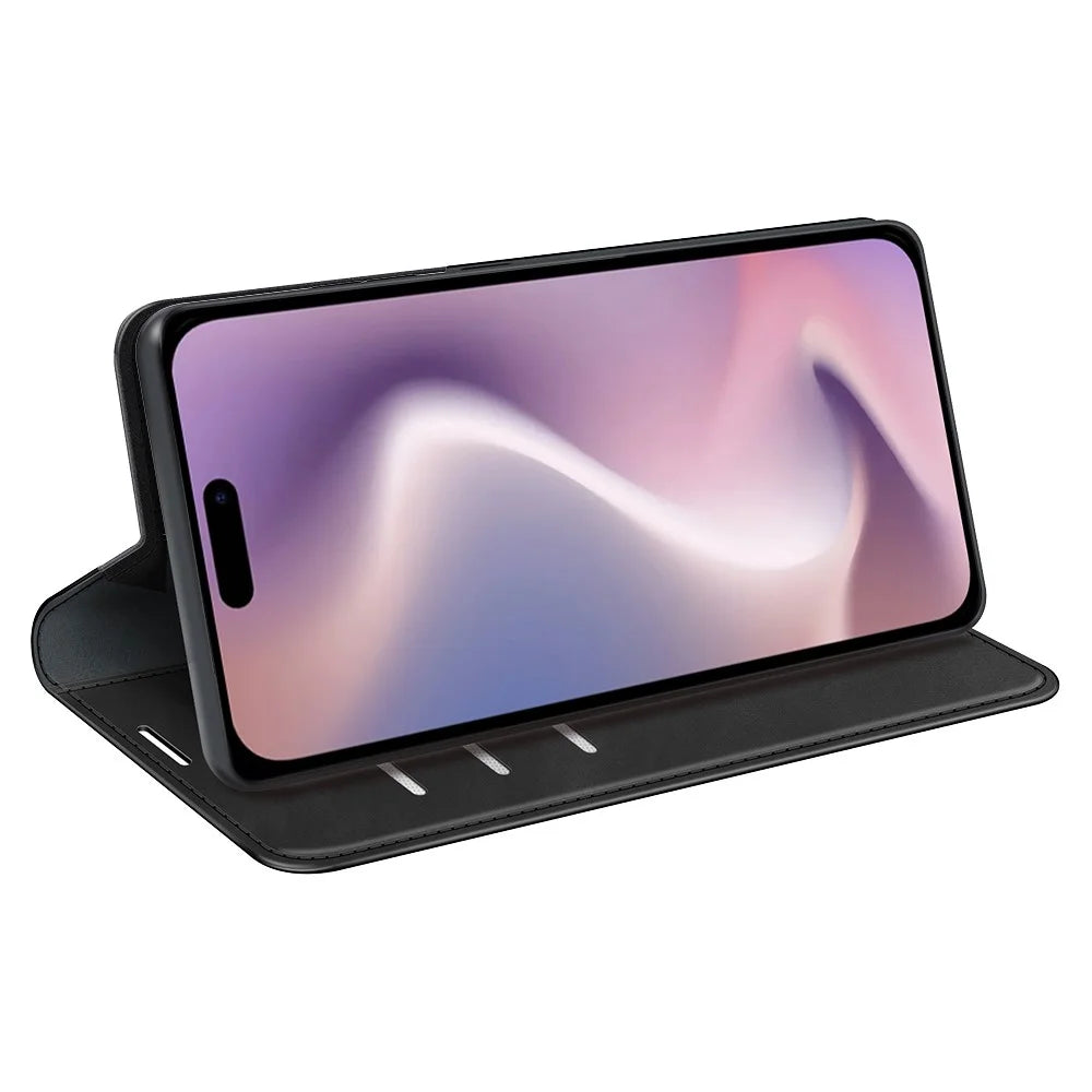 For iPhone 16 Pro Max Case Skin-Feel PU Leather Phone Cover Folding Stand Magnetic Absorption - Black - 3