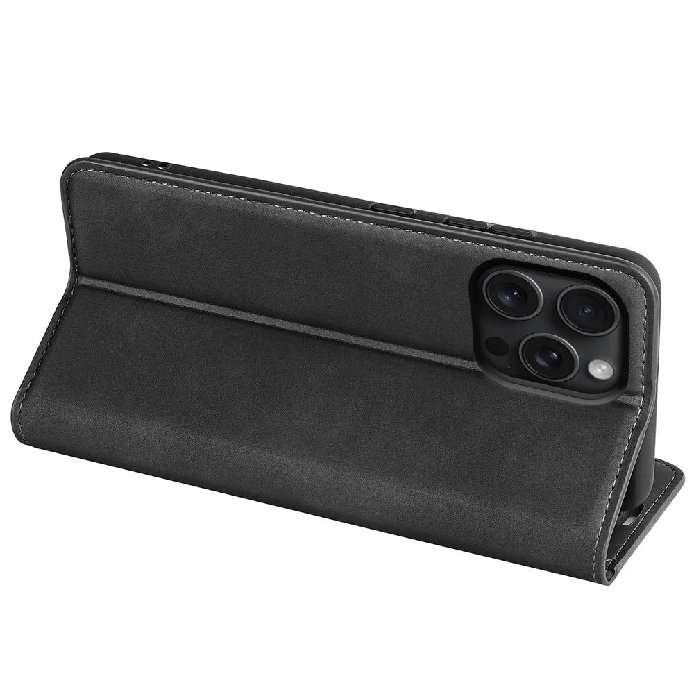 For iPhone 16 Pro Max Case Skin-Feel PU Leather Phone Cover Folding Stand Magnetic Absorption - Black - 4