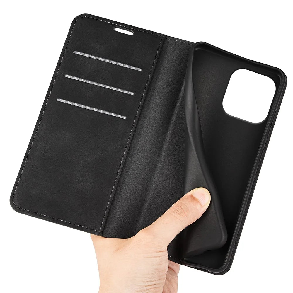 For iPhone 16 Pro Max Case Skin-Feel PU Leather Phone Cover Folding Stand Magnetic Absorption - Black - 5