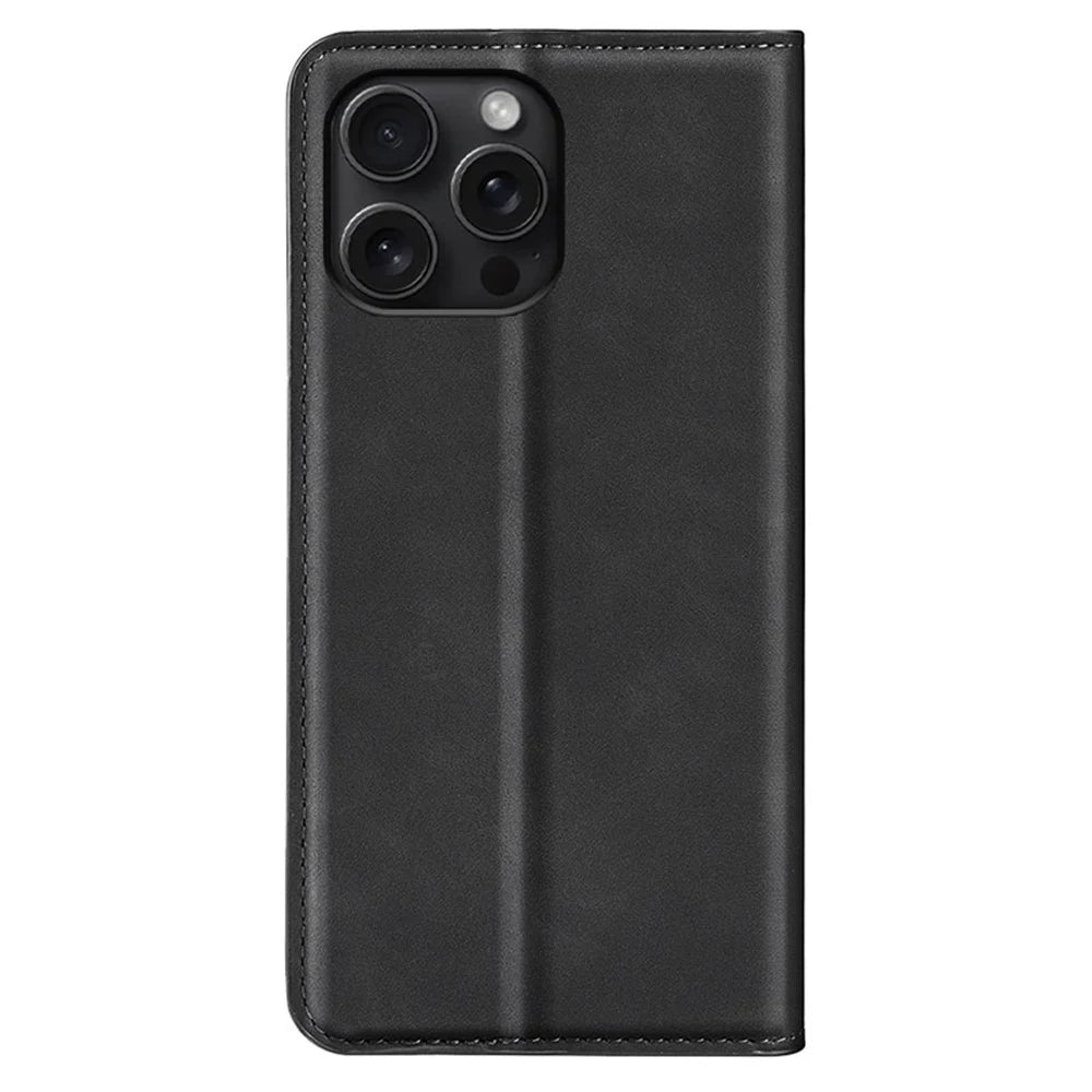 For iPhone 16 Pro Max Case Skin-Feel PU Leather Phone Cover Folding Stand Magnetic Absorption - Black - 7