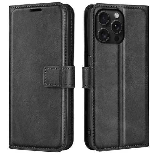 For iPhone 16 Pro Max Case Calf Texture PU Leather Folio Flip Wallet Phone Cover - Black - 1