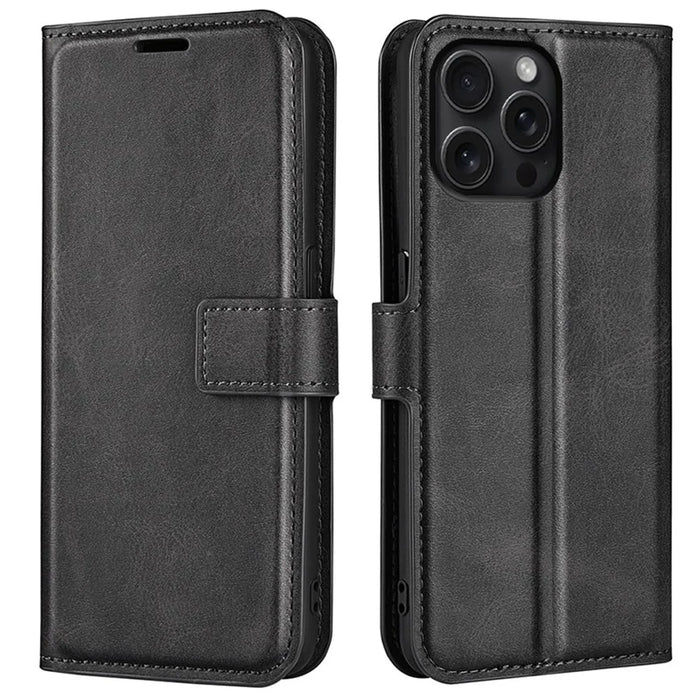 For iPhone 16 Pro Max Case Calf Texture PU Leather Folio Flip Wallet Phone Cover - Black - 1