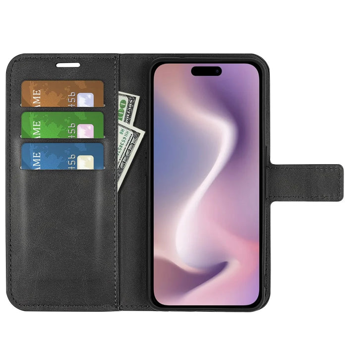 For iPhone 16 Pro Max Case Calf Texture PU Leather Folio Flip Wallet Phone Cover - Black - 2