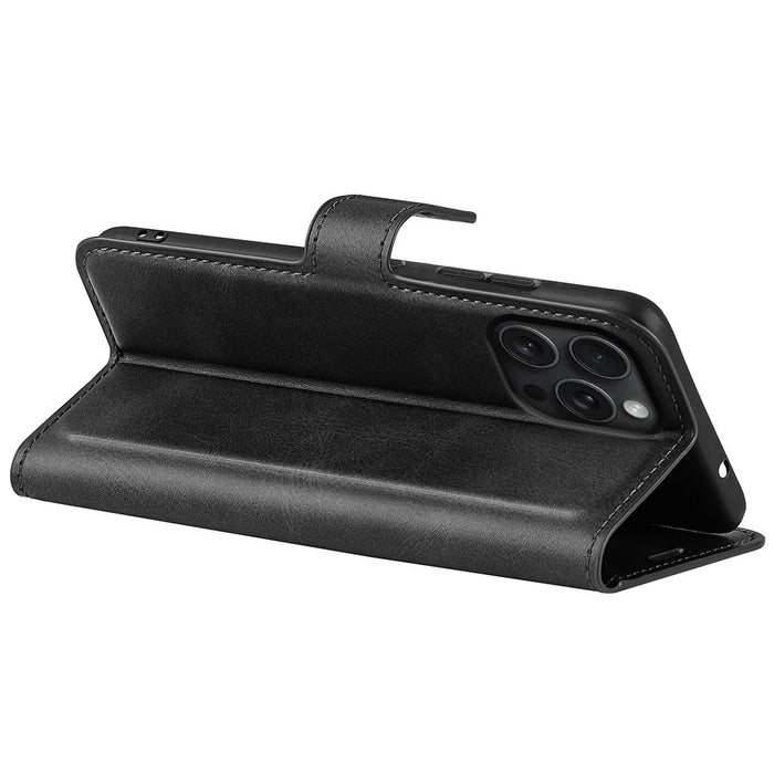 For iPhone 16 Pro Max Case Calf Texture PU Leather Folio Flip Wallet Phone Cover - Black - 4