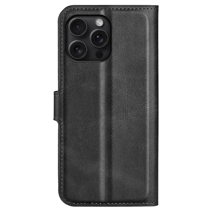For iPhone 16 Pro Max Case Calf Texture PU Leather Folio Flip Wallet Phone Cover - Black - 7