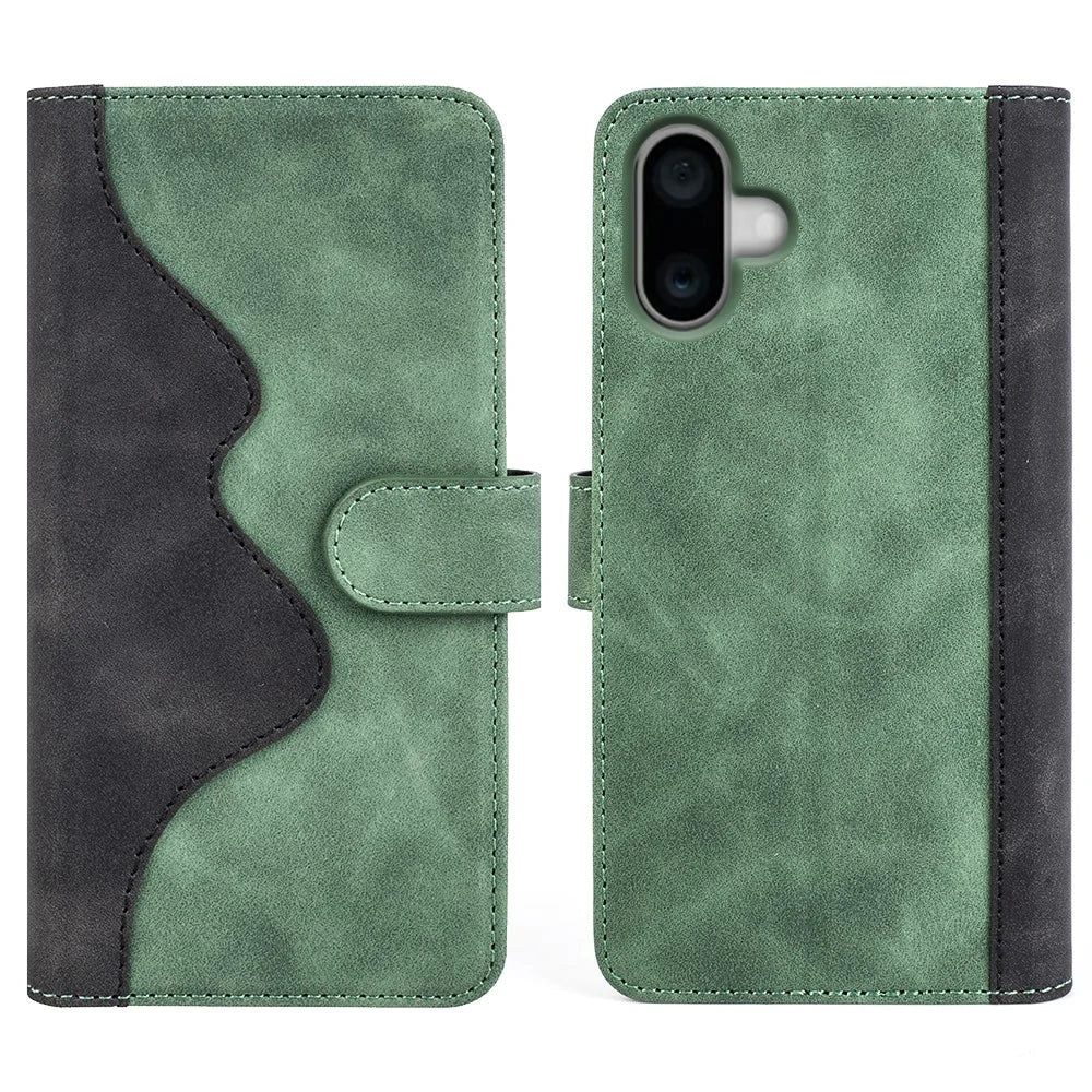 For iPhone 16 Plus Case Wallet Dual Color Flip Leather Phone Cover - Green - 1