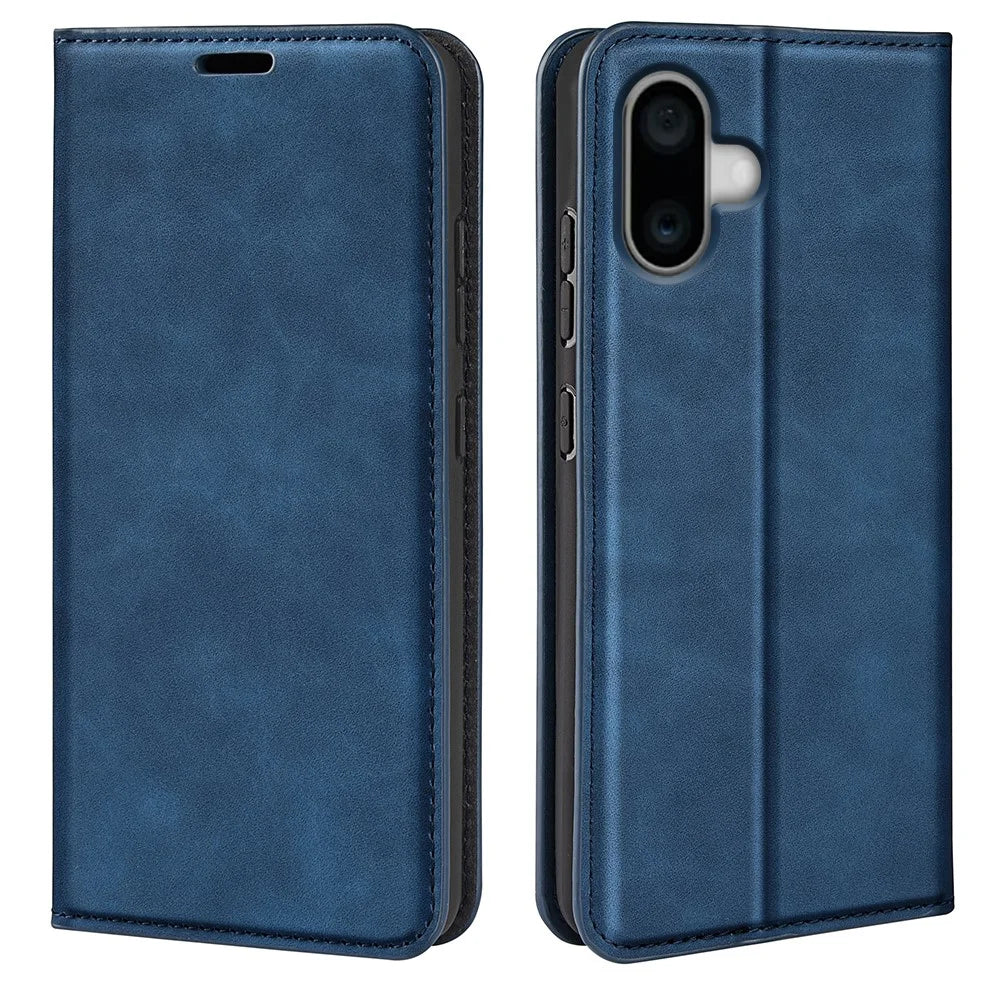 For iPhone 16 Plus Case Skin-Feel PU Leather Phone Cover Folding Stand Magnetic Absorption - Blue - 1