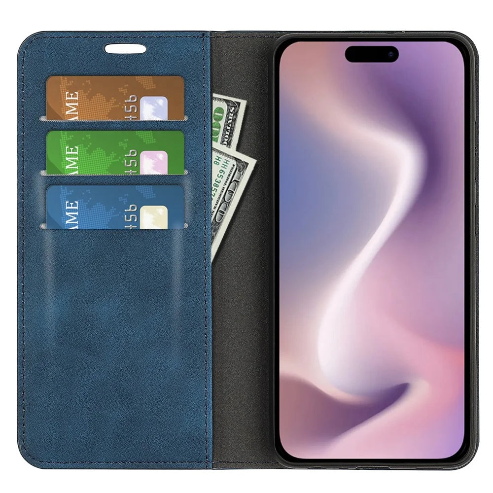 For iPhone 16 Plus Case Skin-Feel PU Leather Phone Cover Folding Stand Magnetic Absorption - Blue - 2