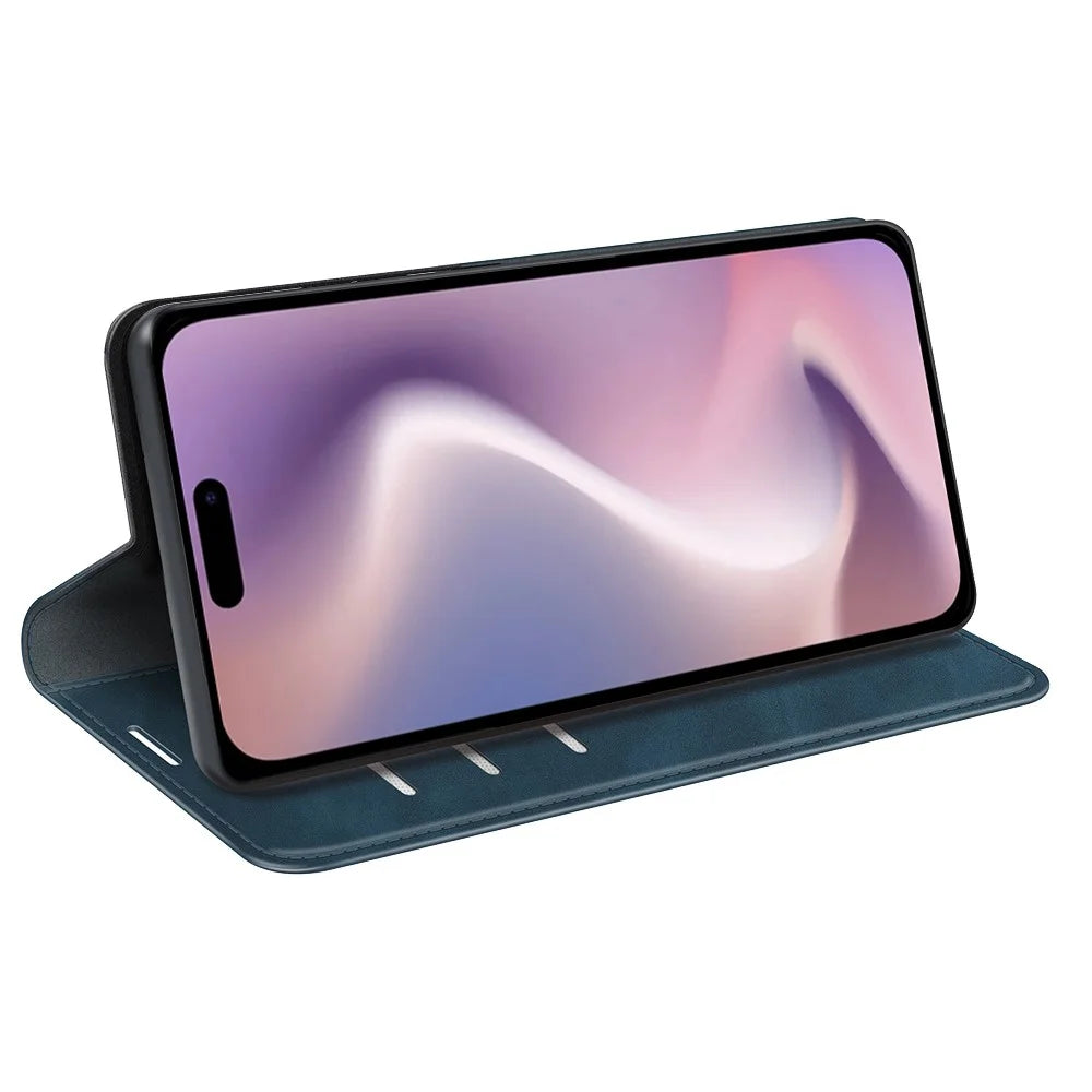 For iPhone 16 Plus Case Skin-Feel PU Leather Phone Cover Folding Stand Magnetic Absorption - Blue - 3