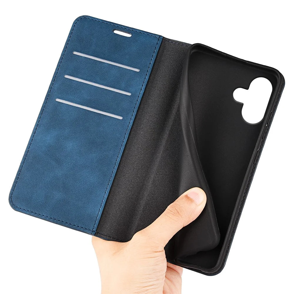 For iPhone 16 Plus Case Skin-Feel PU Leather Phone Cover Folding Stand Magnetic Absorption - Blue - 4