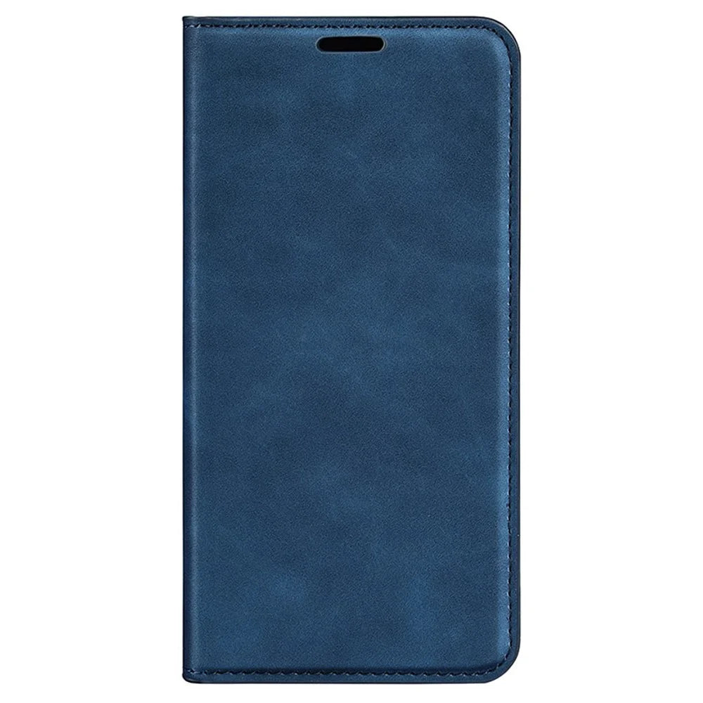 For iPhone 16 Plus Case Skin-Feel PU Leather Phone Cover Folding Stand Magnetic Absorption - Blue - 5