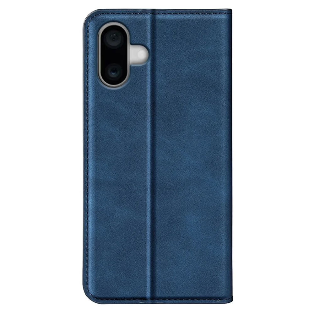 For iPhone 16 Plus Case Skin-Feel PU Leather Phone Cover Folding Stand Magnetic Absorption - Blue - 6