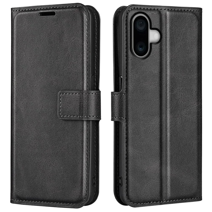 For iPhone 16 Plus Case Calf Texture PU Leather Phone Cover with Card Holder Stand - Black - 1
