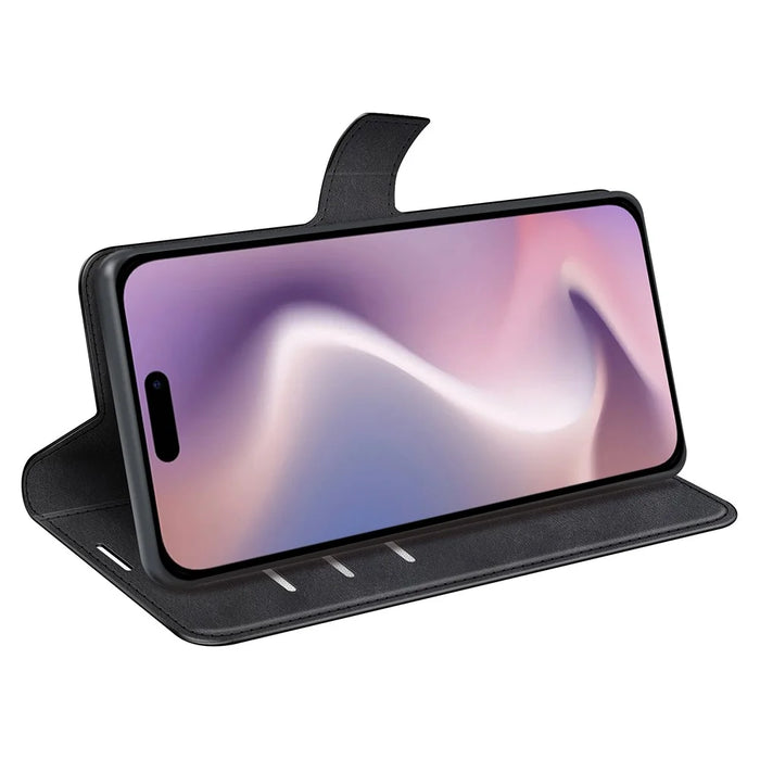 For iPhone 16 Plus Case Calf Texture PU Leather Phone Cover with Card Holder Stand - Black - 3