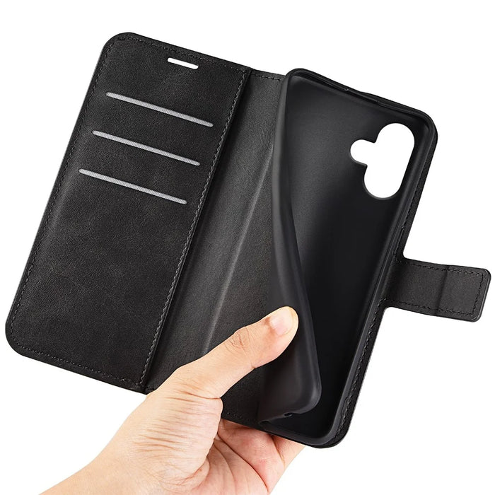 For iPhone 16 Plus Case Calf Texture PU Leather Phone Cover with Card Holder Stand - Black - 5