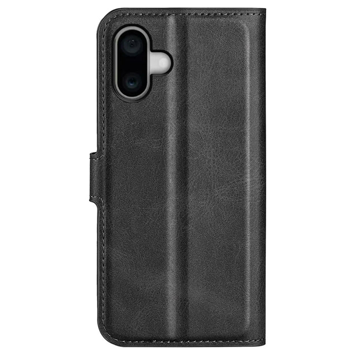 For iPhone 16 Plus Case Calf Texture PU Leather Phone Cover with Card Holder Stand - Black - 7