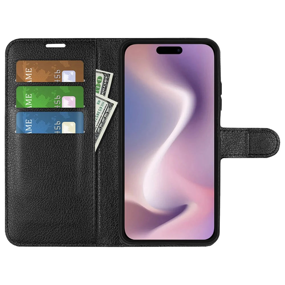 For iPhone 16 Plus Case Litchi Texture Leather Phone Cover Horizontal Viewing Stand - Black - 2