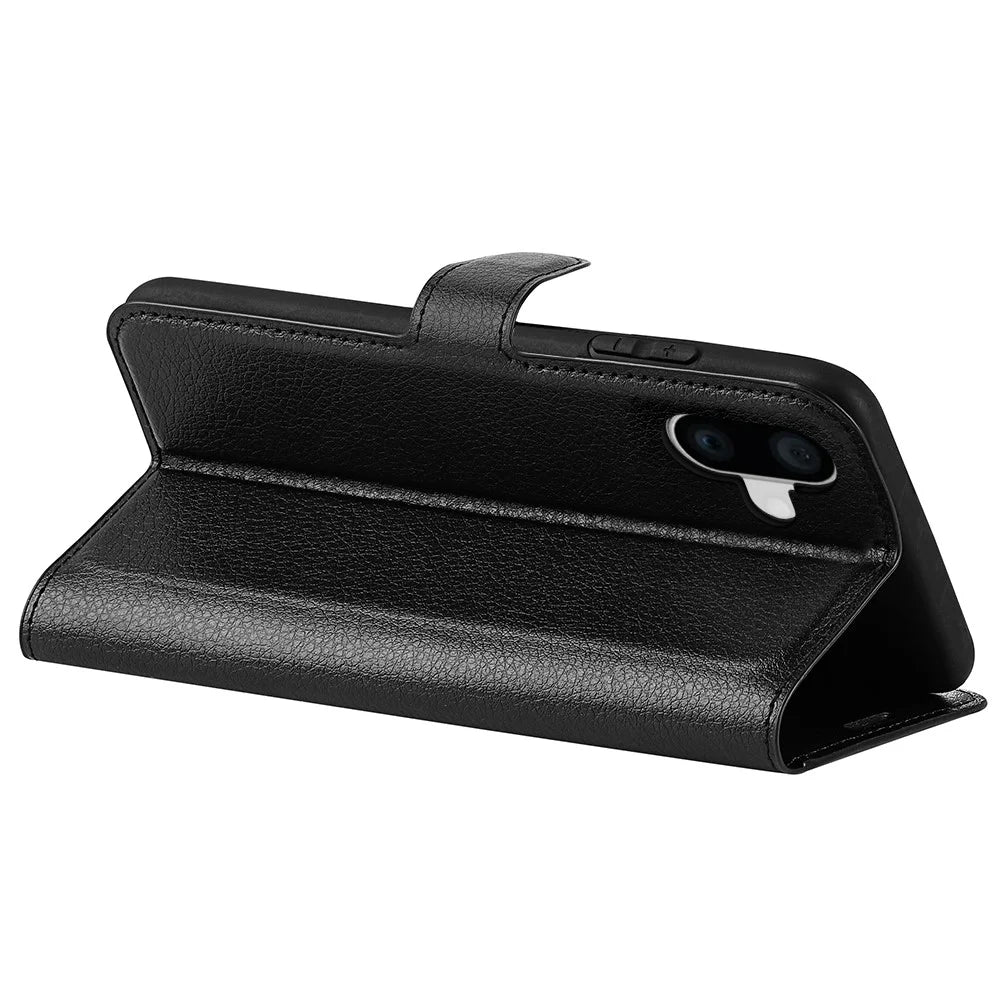 For iPhone 16 Plus Case Litchi Texture Leather Phone Cover Horizontal Viewing Stand - Black - 4