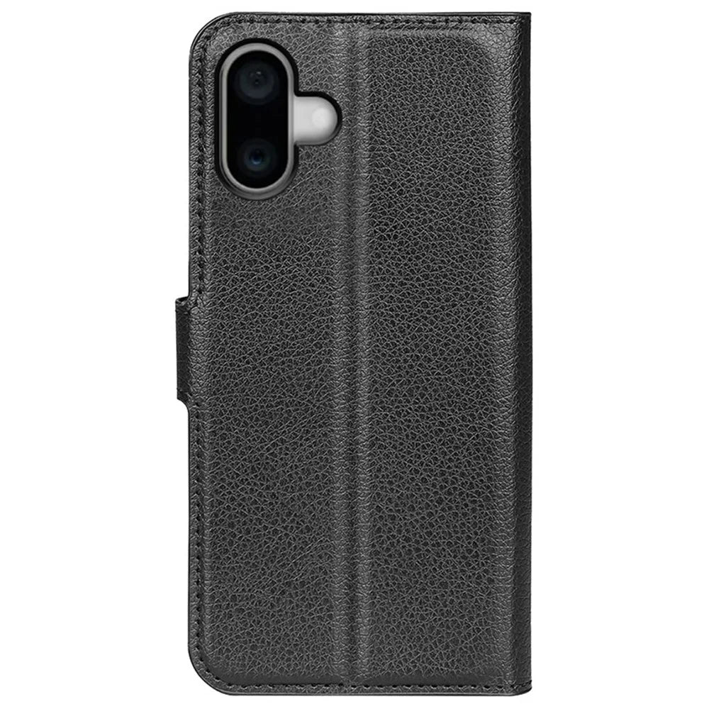 For iPhone 16 Plus Case Litchi Texture Leather Phone Cover Horizontal Viewing Stand - Black - 7