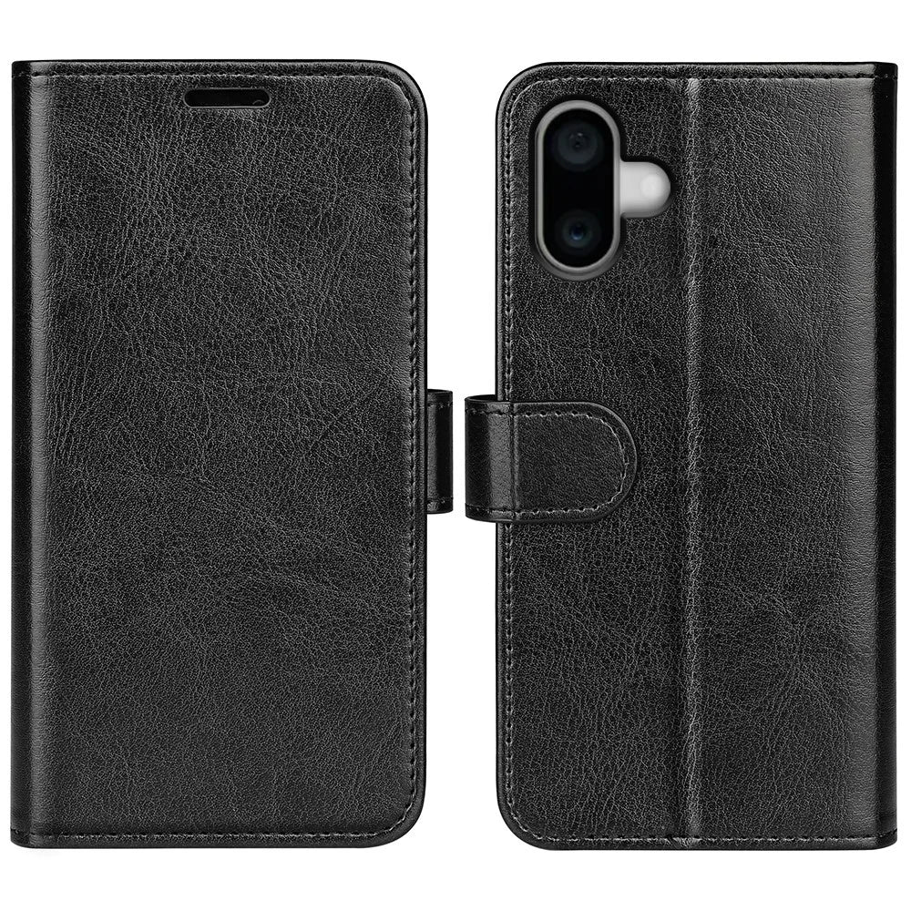 For iPhone 16 Plus Case Crazy Horse Texture Leather Phone Cover Horizontal Viewing Stand - Black - 1