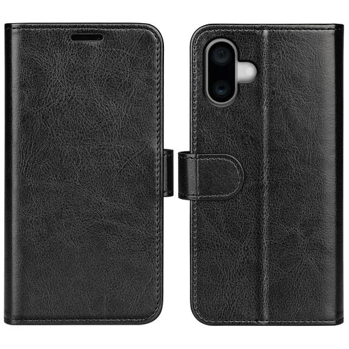 For iPhone 16 Plus Case Crazy Horse Texture Leather Phone Cover Horizontal Viewing Stand - Black - 1