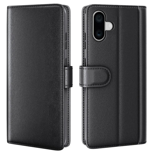 For iPhone 16 Plus Case Genuine Split Leather Phone Cover with Wallet Stand - Black - 1