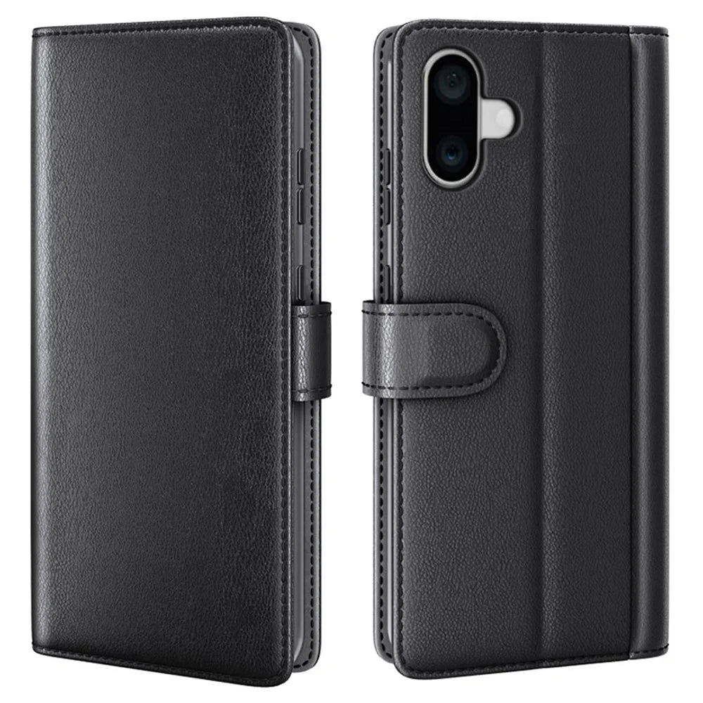 For iPhone 16 Plus Case Genuine Split Leather Phone Cover with Wallet Stand - Black - 1