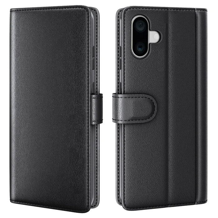 For iPhone 16 Plus Case Genuine Split Leather Phone Cover with Wallet Stand - Black - 1