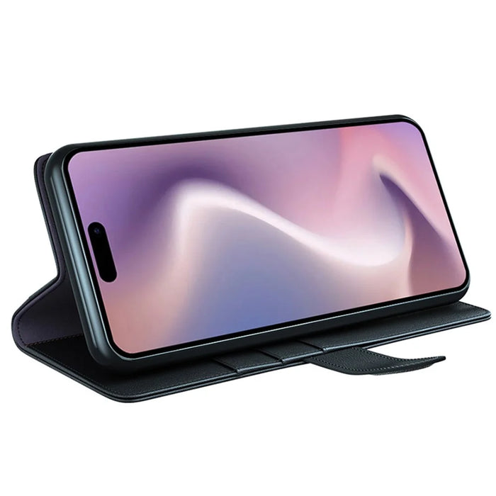 For iPhone 16 Plus Case Genuine Split Leather Phone Cover with Wallet Stand - Black - 3